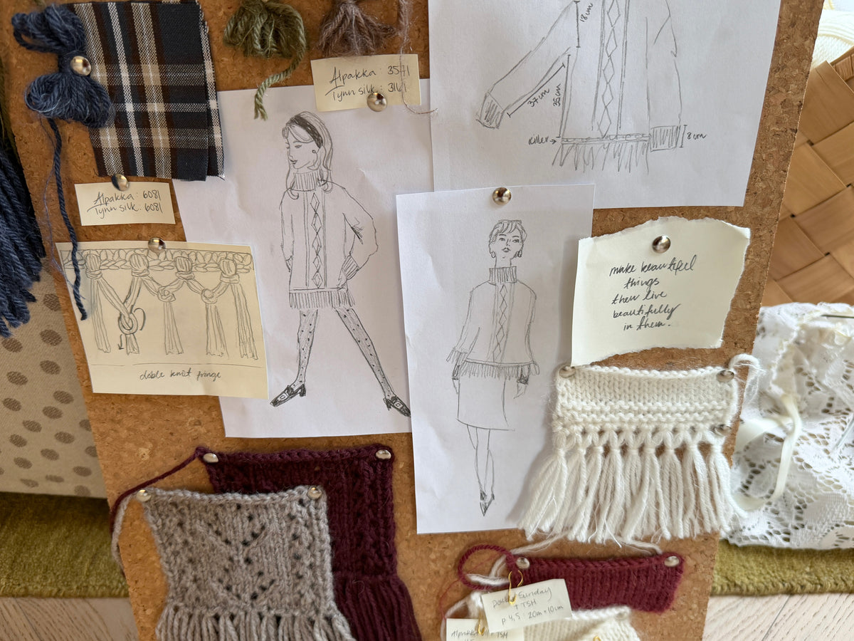 Sketches, yarn swatches and fringe samples for the Jolie Sweater pinned on a cork board